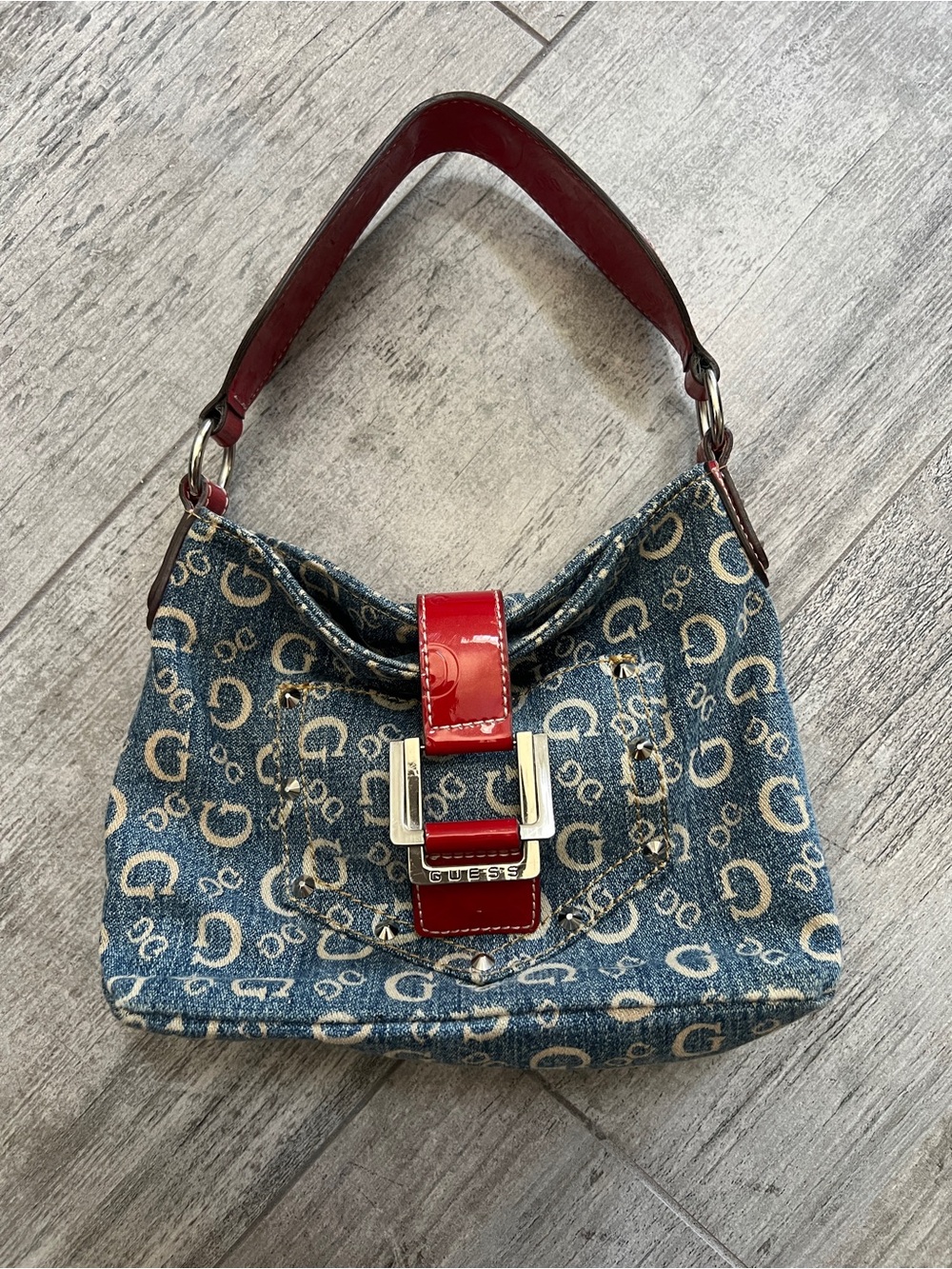 Vintage Guess Y2K monogram denim mini shoulder bag w/silver &red patent leather
